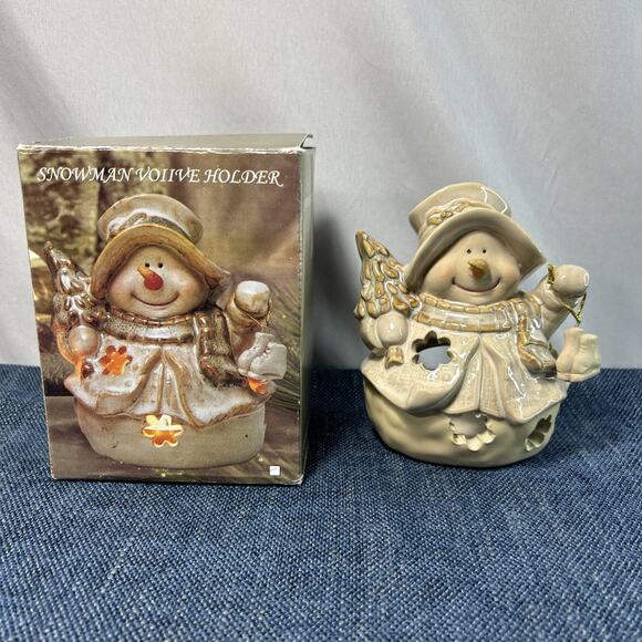 Christmas Snowman Tee Light Collectible Glazed Pottery Votive Holder Holiday Box - Picture 1 of 11